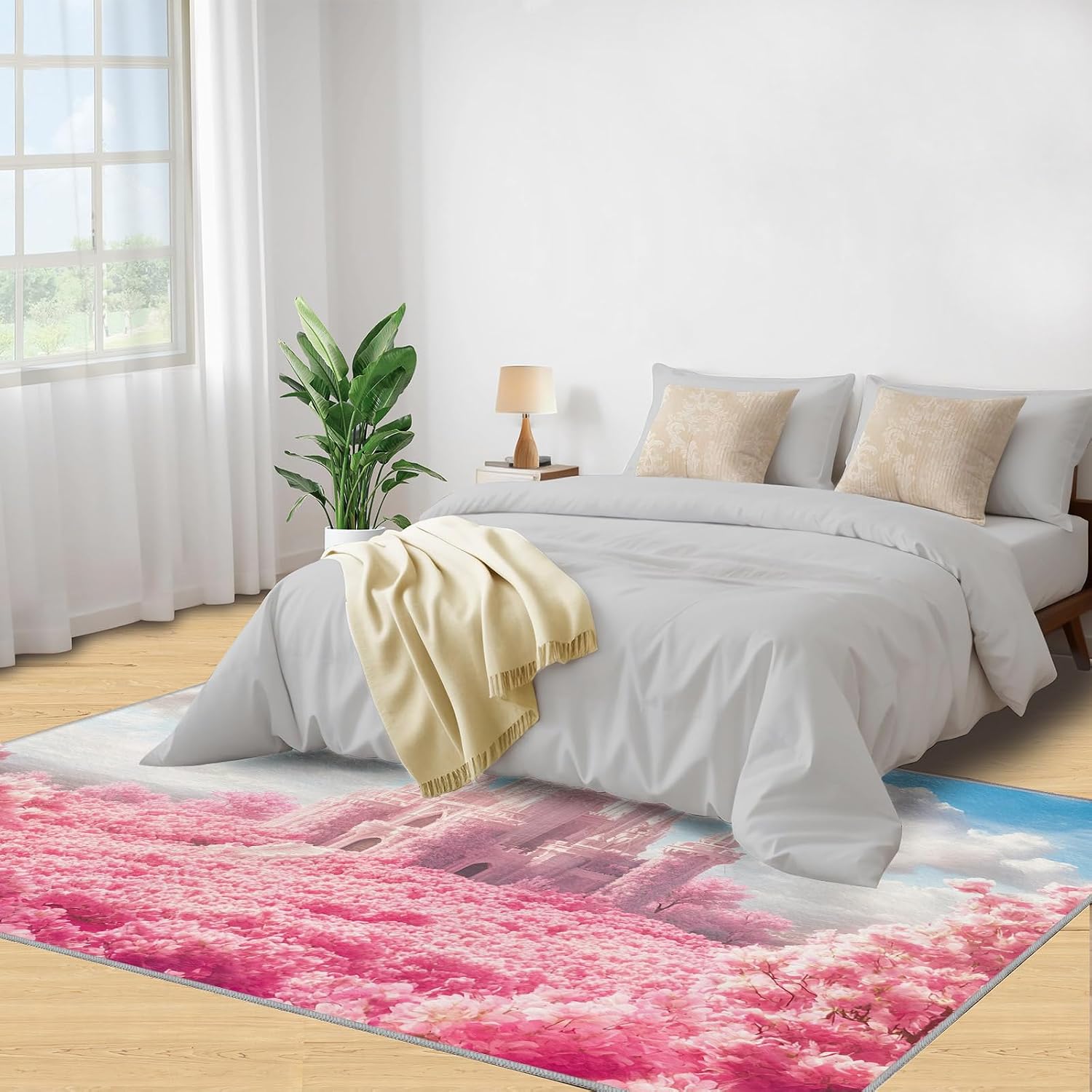 Fairy Castle Rugs for Bedroom, Pink Castle Rug 6x8, Romantic Fairy Tale Dining Room Rugs Washable & Non Slip Large Carpet for Home Decor
