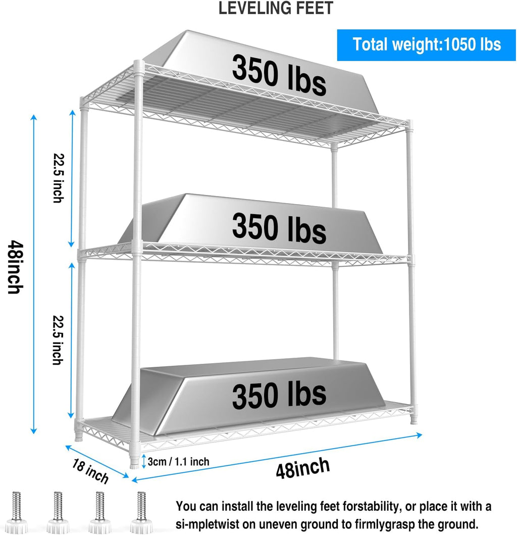 3 Tier NSF Wire Shelf Shelving Unit, 18 x 48 x 48 Inch 1050lbs Capacity Heavy Duty Adjustable Storage Metal Rack with Leveling Feet & Shelf Liners, Ideal for Garage, Kitchen, Office and More - White