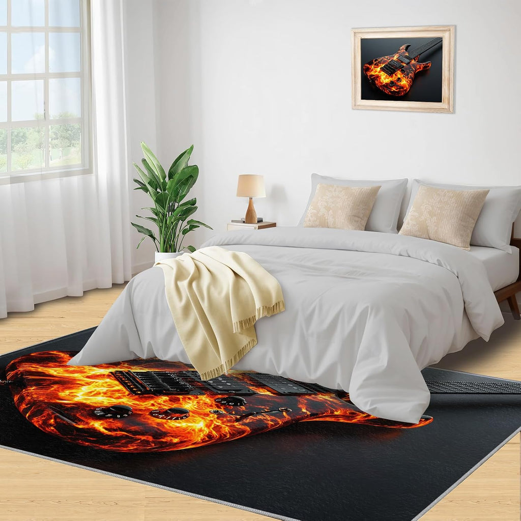 Guitar Rug - 6x8 Rugs for Bedroom, Music Area Rug, Rustic Guitar Washable Rugs for Living Room, Non Slip Soft Rock and Roll Indoor Carpet - Home Decor, Music Lover Gifts for Boys