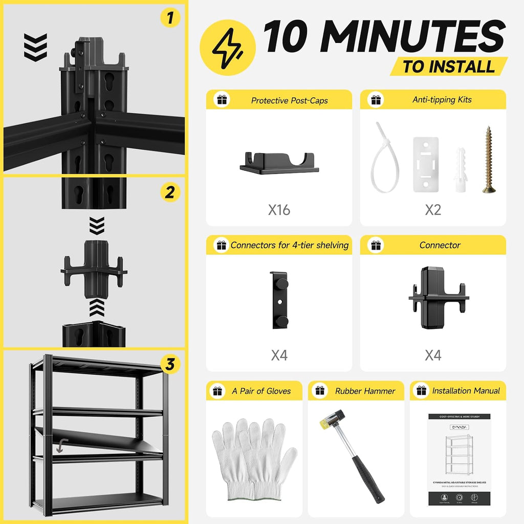 4-Tier 40' W x 20' D x 60' H Garage Shelving Garage Storage Shelves 2200LBS Metal Industrial Shelf Adjustable Heavy Duty Shelving Storage Rack Shelving Unit (Black)