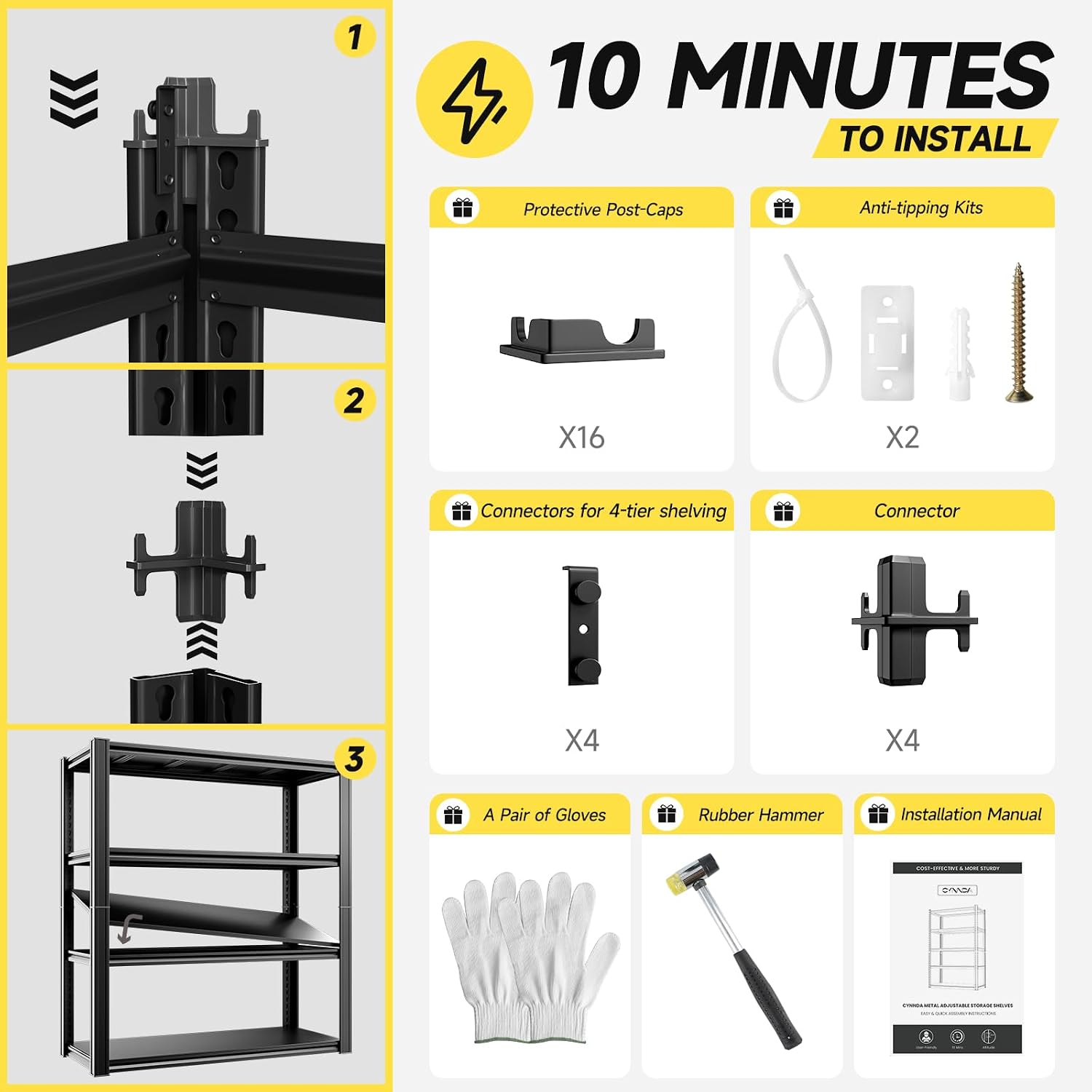 4-Tier 40' W x 20' D x 60' H Garage Shelving Garage Storage Shelves 2200LBS Metal Industrial Shelf Adjustable Heavy Duty Shelving Storage Rack Shelving Unit (Black)
