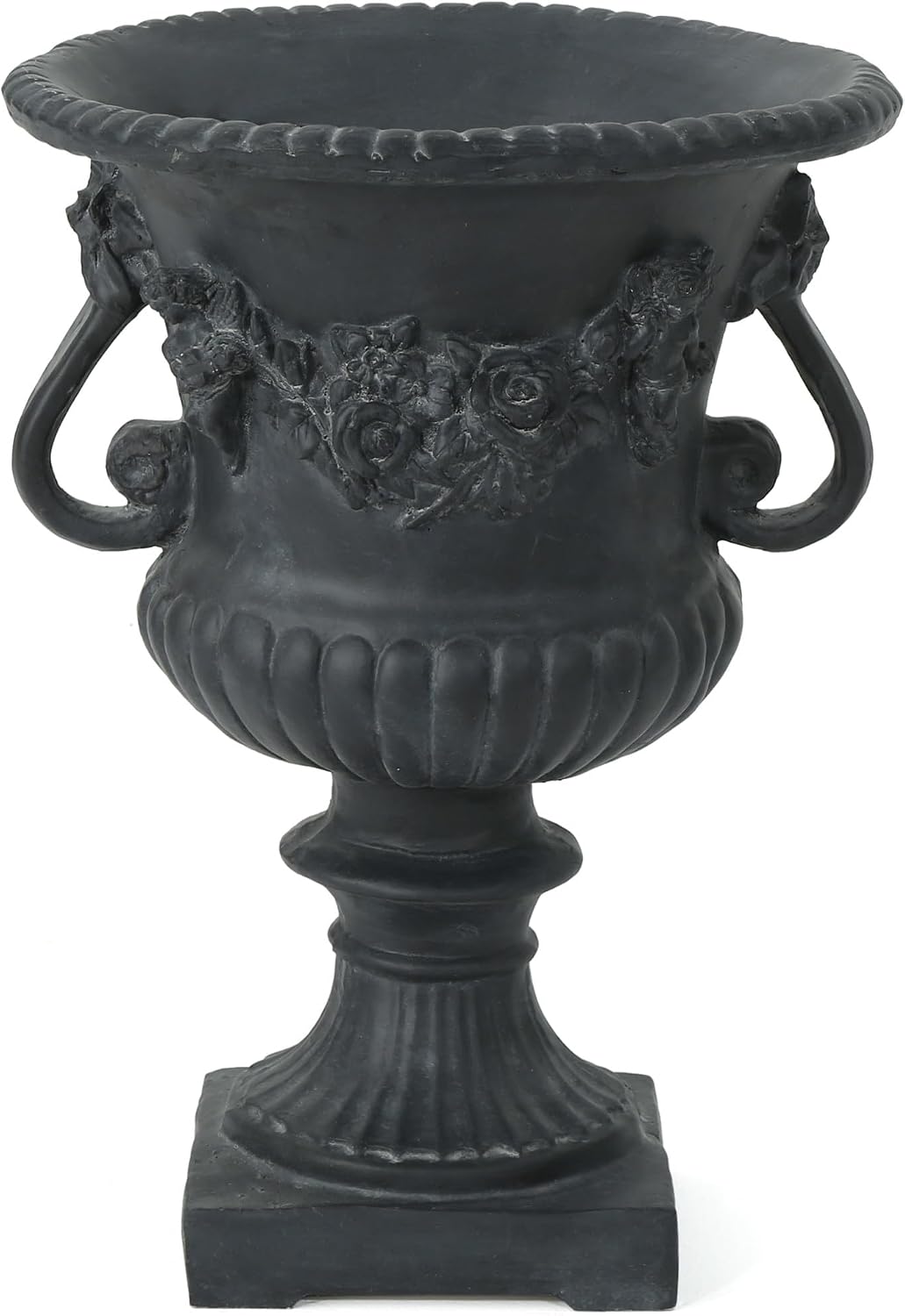 Antique Black Magnesium Oxide Urn Planter, Elegant Decorative Outdoor Garden Patio or Indoor Vase, Ready to Use, 17.3L x 17.3W x 24H Inches