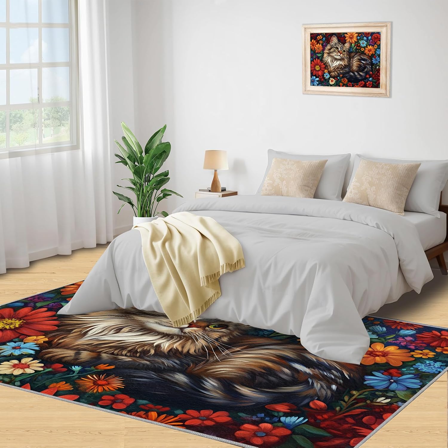 Floral Cat Rugs for Girls Room, Boho Colors Floral Area Rug, Washable Bedroom Rug for Front Entrance Floor Decor Floor Mat 6x8