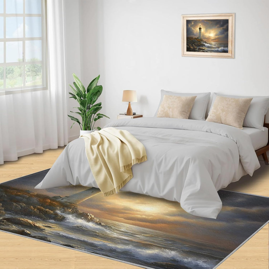 Lighthouse Rug Large - 6x8 Rug, Nautical Area Rugs for Bedroom, Coastal Beach Rugs for Living Room, Boys Room Washable Mat, Ocean Carpet, Nautical Home Decor & Gifts