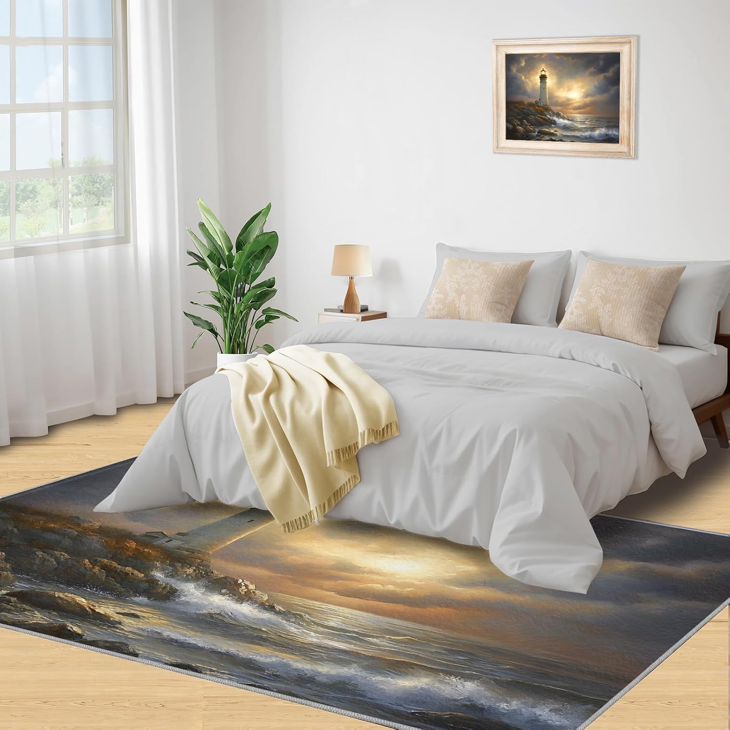 Lighthouse Rug Large - 6x8 Rug, Nautical Area Rugs for Bedroom, Coastal Beach Rugs for Living Room, Boys Room Washable Mat, Ocean Carpet, Nautical Home Decor & Gifts