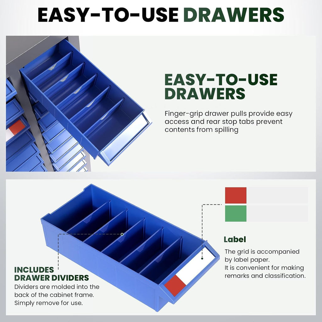 75 Drawers Parts Storage Organizer with Labels, ABS Material Nut and Bolt Organizer, Heavy Duty Steel Frame Parts Cabinet, Easy to Clean, Parts Bins Organizers for Shop, Factory (75 Drawers)