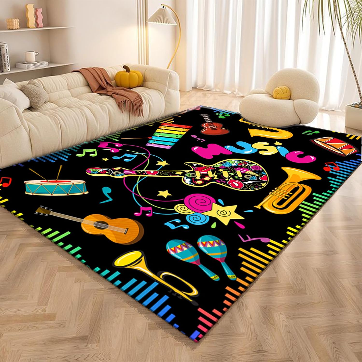 Musical Notes Musical Elements Printed Area Rug, 6x8ft, Guitar Drum Music Keyboard Classroom Playmat for Preschool, Durable Low Pile Fade Resistant Reduce Noise Rugs for Hallway Indoor
