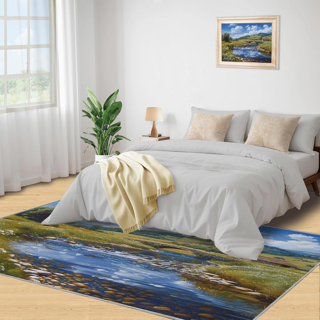 Area Rug 6x8ft, Grassland Lake Rugs, Nature Landscape Area Rug, Upholstery Carpet with Non-Slip Backing, Soft Washable Rug for Living Room Kids Boys Girls Bedroom Study Room