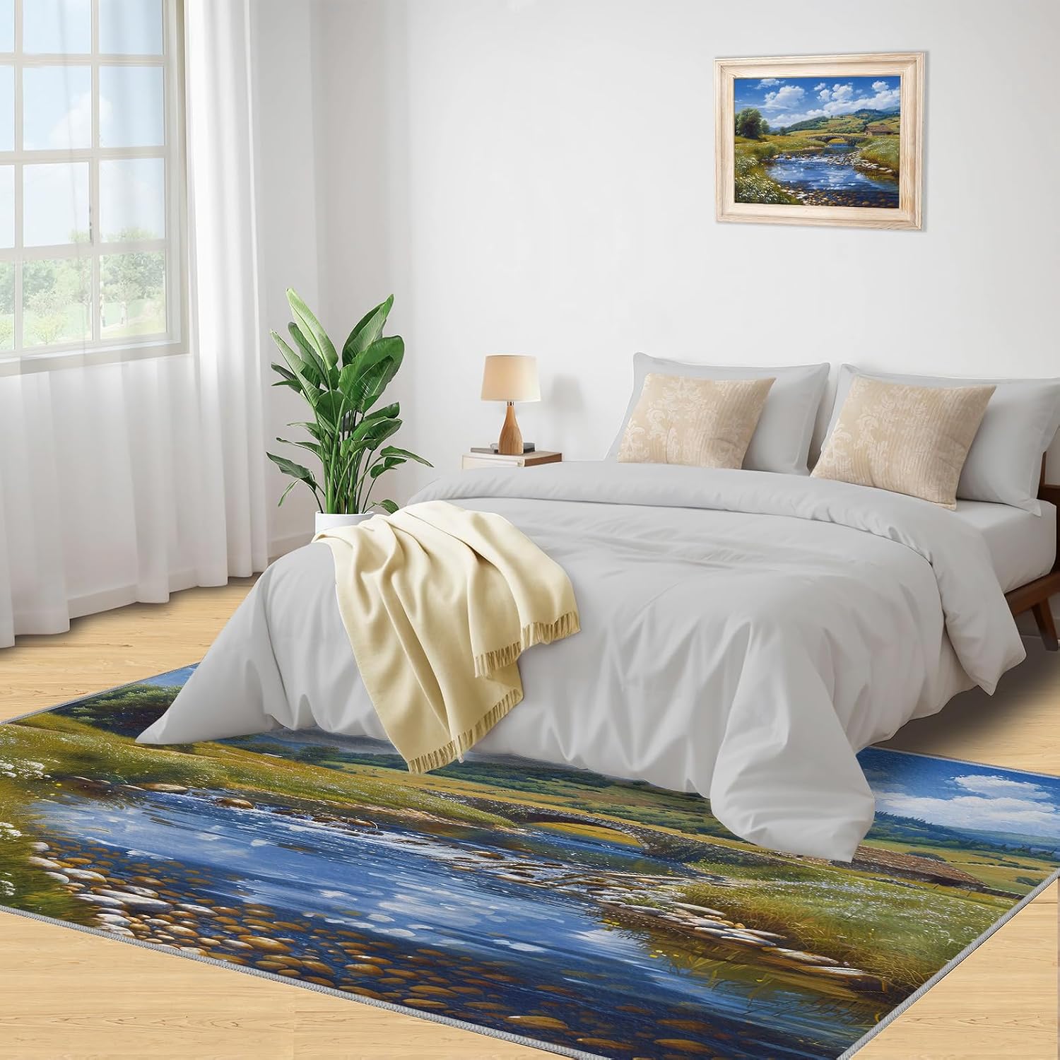 Area Rug 6x8ft, Grassland Lake Rugs, Nature Landscape Area Rug, Upholstery Carpet with Non-Slip Backing, Soft Washable Rug for Living Room Kids Boys Girls Bedroom Study Room