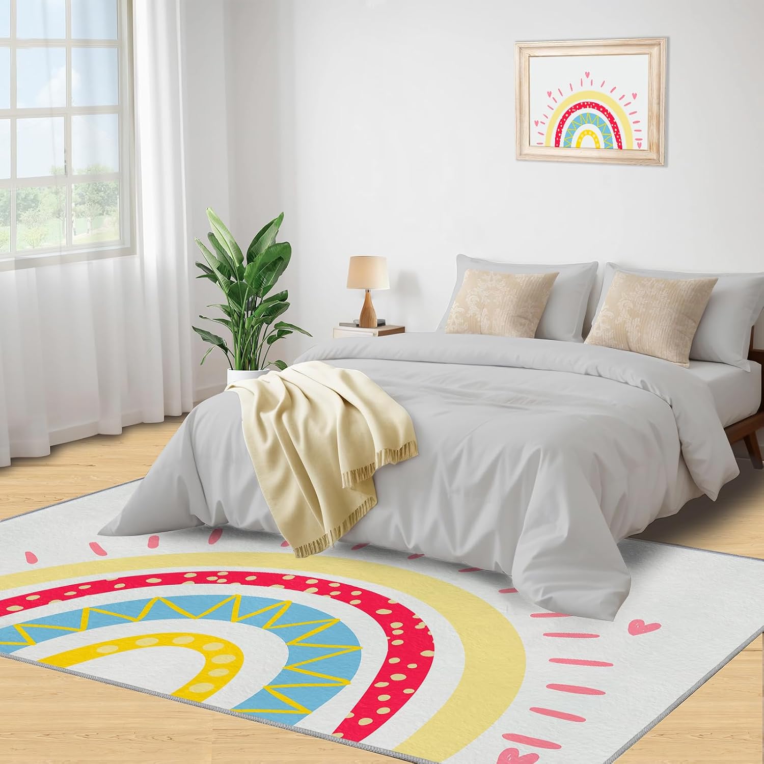 Abstract Rainbow and Heart Area Rug, Colorful Modern Boho Rugs for Living Room, Indoor Non-Slip Kids Rugs, Machine Washable Breathable Durable Carpet for Front Entrance Floor Decor,6 x 8ft