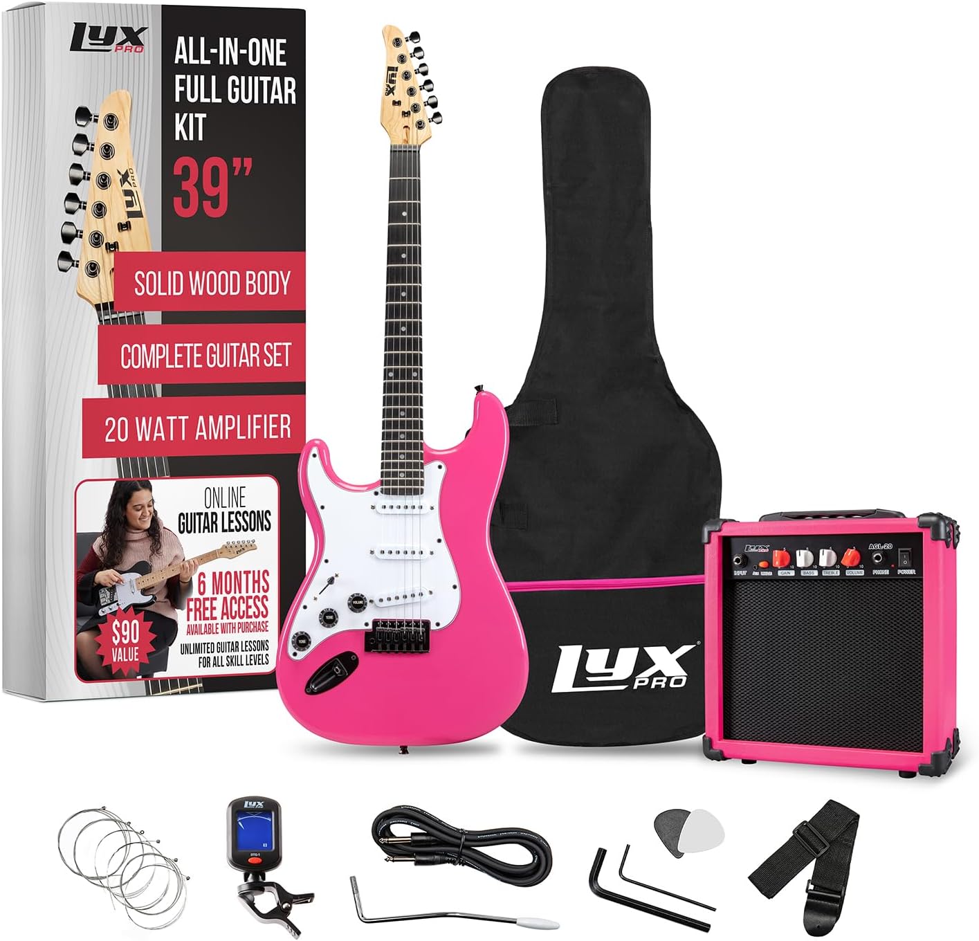 LyxPro Left Hand 39 Inch Electric Guitar and Starter Kit for Lefty Full Size Beginner's Guitar, Amp, Six Strings, Two Picks, Shoulder Strap, Digital Clip On Tuner, Cable and Soft Case - Pink