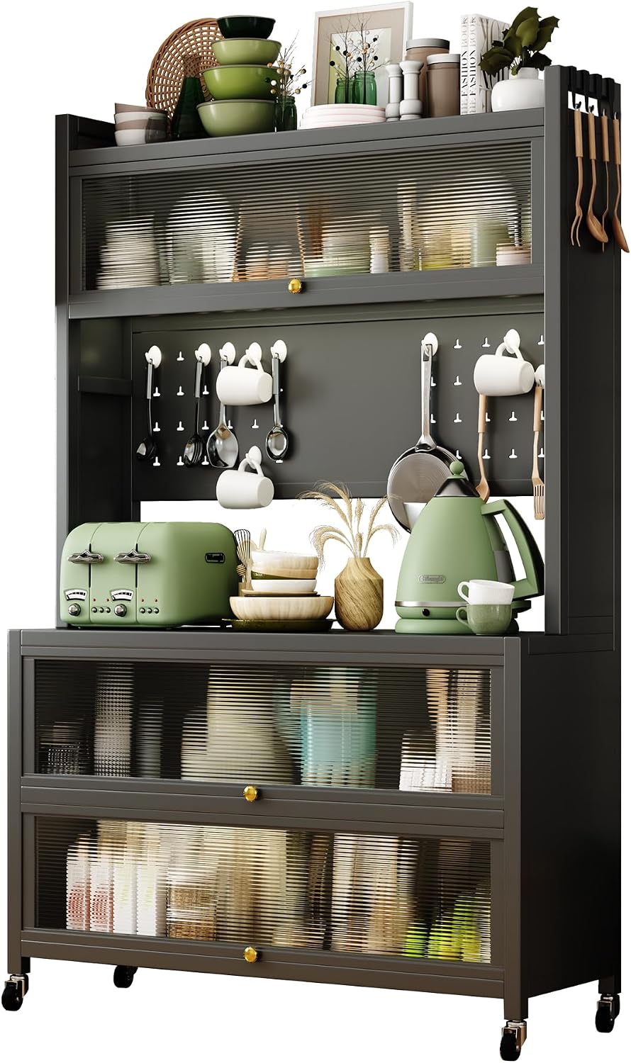 65-Inch Tall Kitchen Bakers Rack with Flip Door Cabinet, 5-Tier Microwave Stand and Coffee Bar, Pantry Storage with Pegboard Hooks, Quick Assembly, White,GreyMetal0