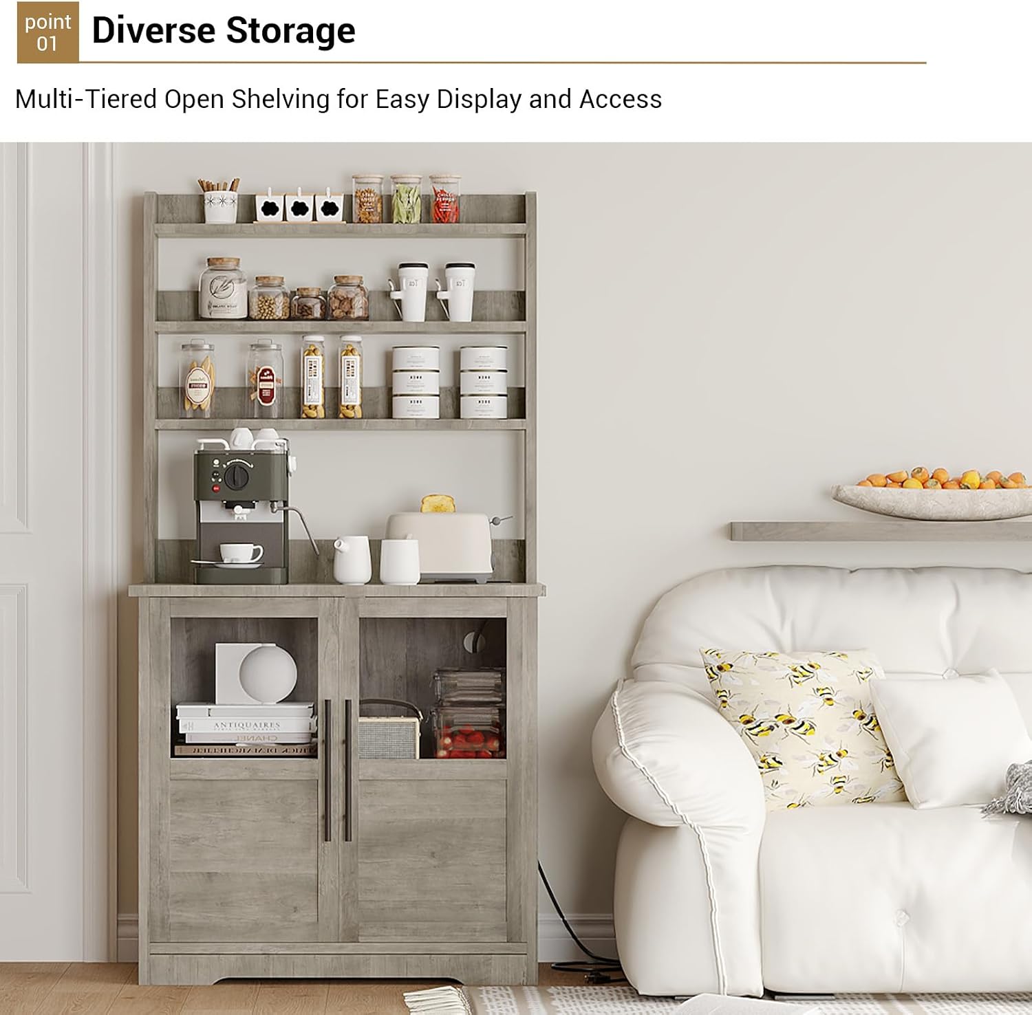 6-Tier Kitchen Bakers Rack,Storage, Power Outlet, and Glass Doors,Rustic Wood Coffee Hutch, Microwave Stand with 3 Open Shelves for Kitchen, Living Room, Dining Room,Gray