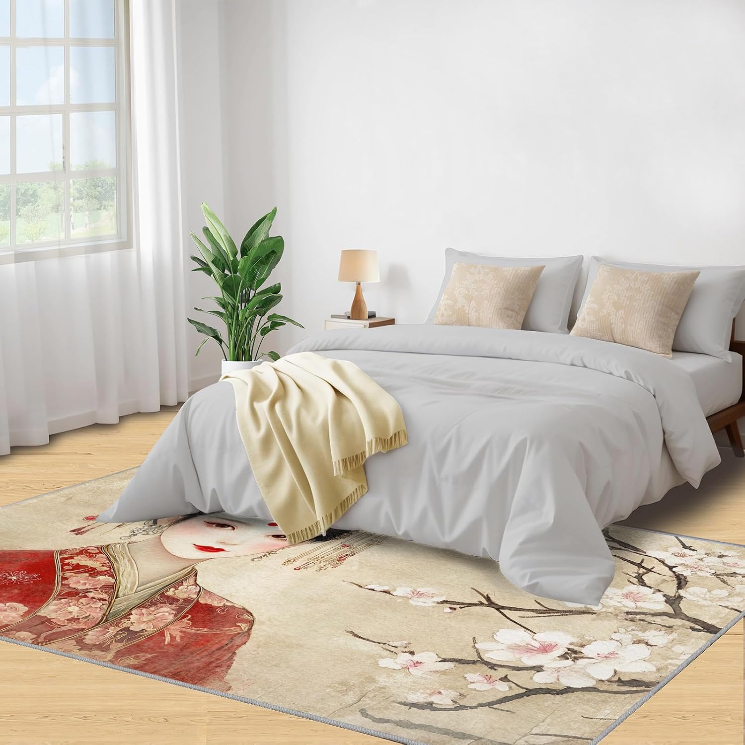 Japanese Style Rugs for Bedroom - 6x8 Area Rug - Cherry Blossoms Rugs for Living Room, Japanese Geisha Rug, Washable Home Decor Carpet