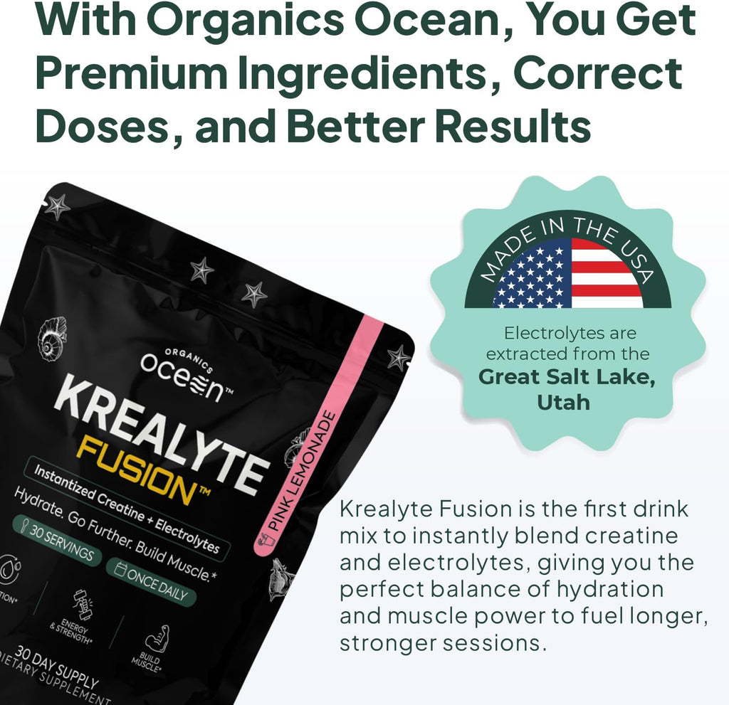 Organics Ocean Krealyte Fusion - Instantized Creatine Monohydrate Powder with Electrolytes - Muscle Strength, Endurance & Hydration Support - Vegan, Sugar-Free, Pink Lemonade Flavor - 120 Servings