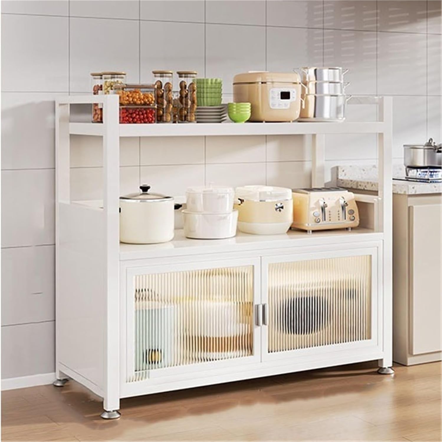 3/4/5 Layers Kitchen Pantry Storage Cabinet with Doors and Shelves Mordern Metal Microwave Stand Storage Cabinets Bakers Rack for Living Room Hutch Home Office,Living Room