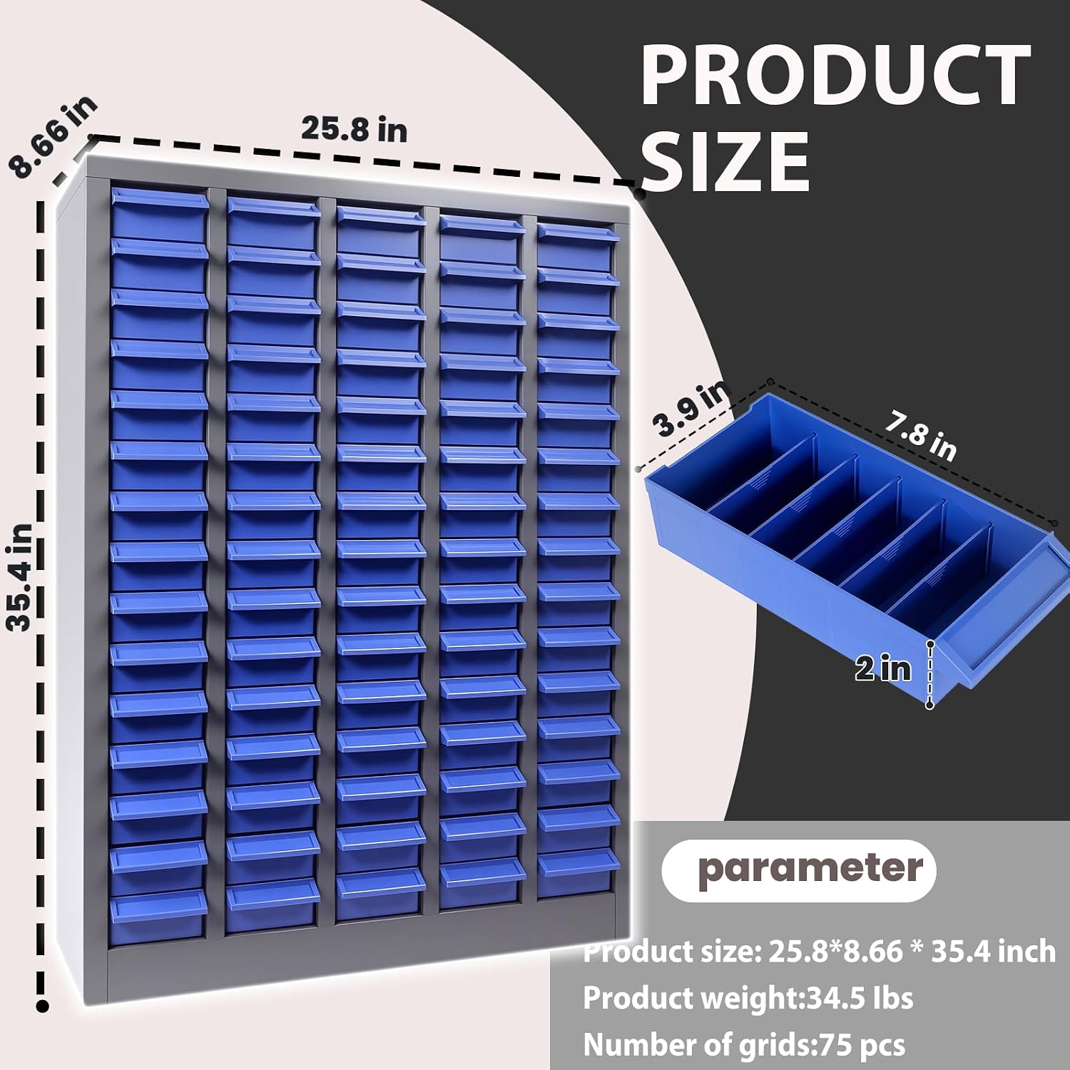 Vohala 75 Drawer Nut and Bolt Organizer, Industrial Parts Cabinet with 375 Adjustable Dividers & 150 Label Slots, Rust-Resistant Alloy Steel Frame, ABS Drawers for Workshop Garage Warehouse