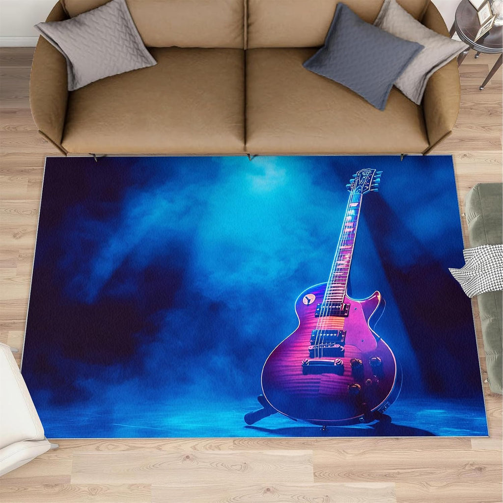 Guitar Rug 8x10, Music Area Rugs for Bedroom, Guitar Rugs for Boys Room, Low Pile Non Slip Carpet for Computer Game Room Dormitory