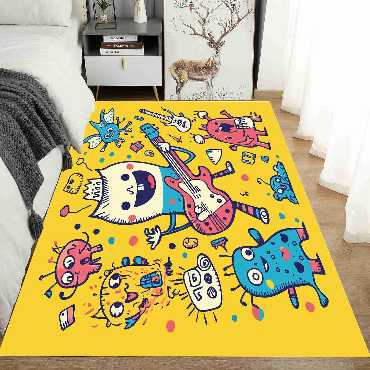 Cartoon Electric Guitar Washable Area Carpet 5x6ft Graffiti Band Living Room Rugs Non-Slip Rugs Anime Notes Bedroom Rug Decorative Carpet, for Dining Room Dormitory Washable Rug