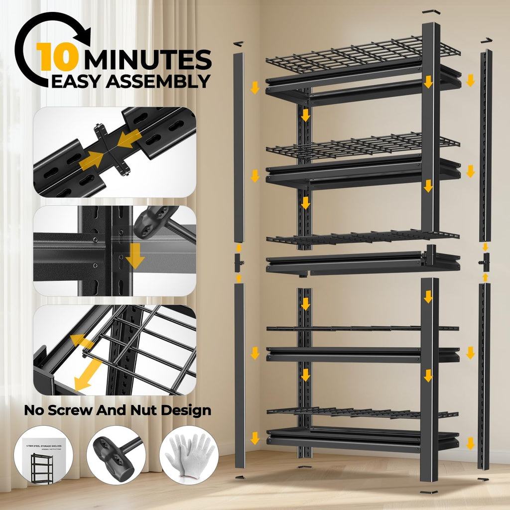 Auto Dynasty 5-Tier Storage Shelves Set of 2, 72' H (3000LBS Capacity) Adjustable Garage Shelving, Metal Storage Utility Rack Shelf Unit for Pantry Kitchen Warehouse, 72' H x 35' W x 16' D, Black