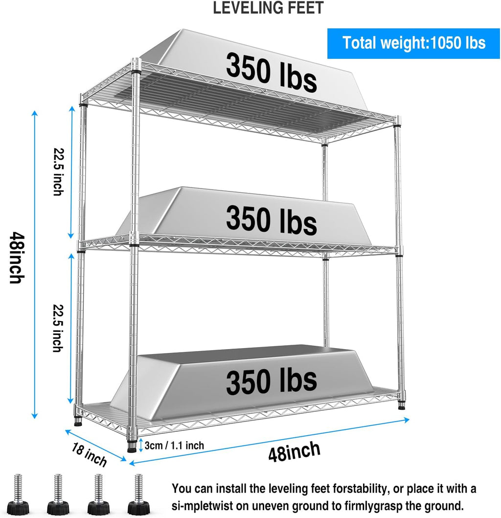 3 Tier NSF Wire Shelf Shelving Unit, 18 x 48 x 48 Inch 1050lbs Capacity Heavy Duty Adjustable Storage Metal Rack with Leveling Feet & Shelf Liners, Ideal for Garage, Kitchen, Office and More - Chrome