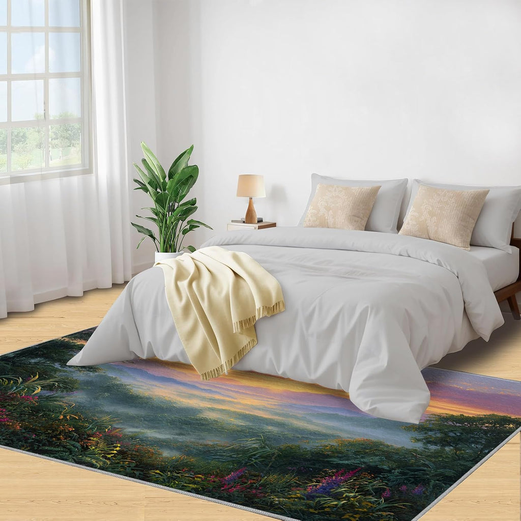 Forest Rugs for Bedroom, Tropical Forest Rug 6x8, Natural Scenery Dining Room Rugs Washable & Non Slip Large Carpet for Home Decor