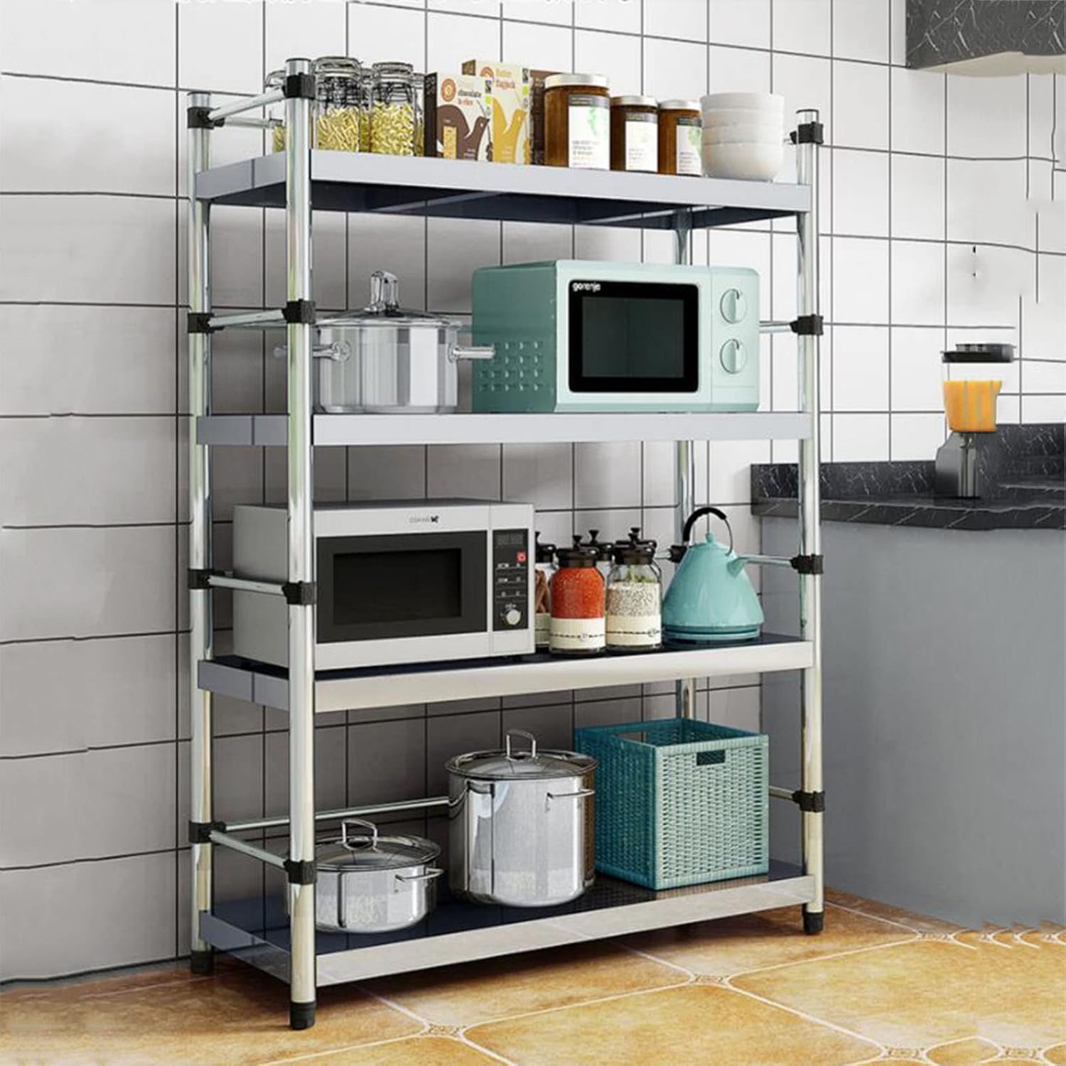 Microwave Shelf, Microwave Stand Baker's Rack with Hooks and Metal Frame 4-Tier Multi-Functional Storage Shelves,120cm