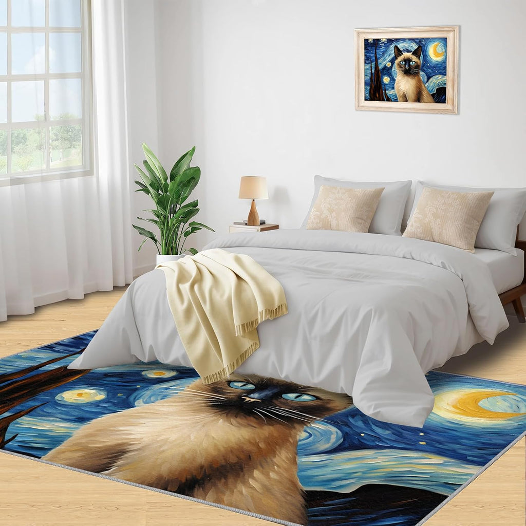 6x8 Area Rug - Starry Sky Siamese Cat Large Rugs for Living Room, Post-Impressionist Art Painting Carpet Area Rug for Girls Bedroom Kids Room Basement Office Classroom