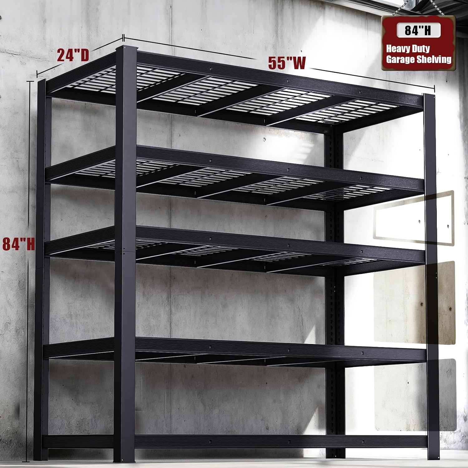 Heavy Duty Garage Shelving,5-Tier Storage Shelves(84' Hx24 Dx55 W),3050LBS Capacity Industrial Shelving Units and Storage,Adjustable Shelving Unit for Garage,Warehouse,Basement