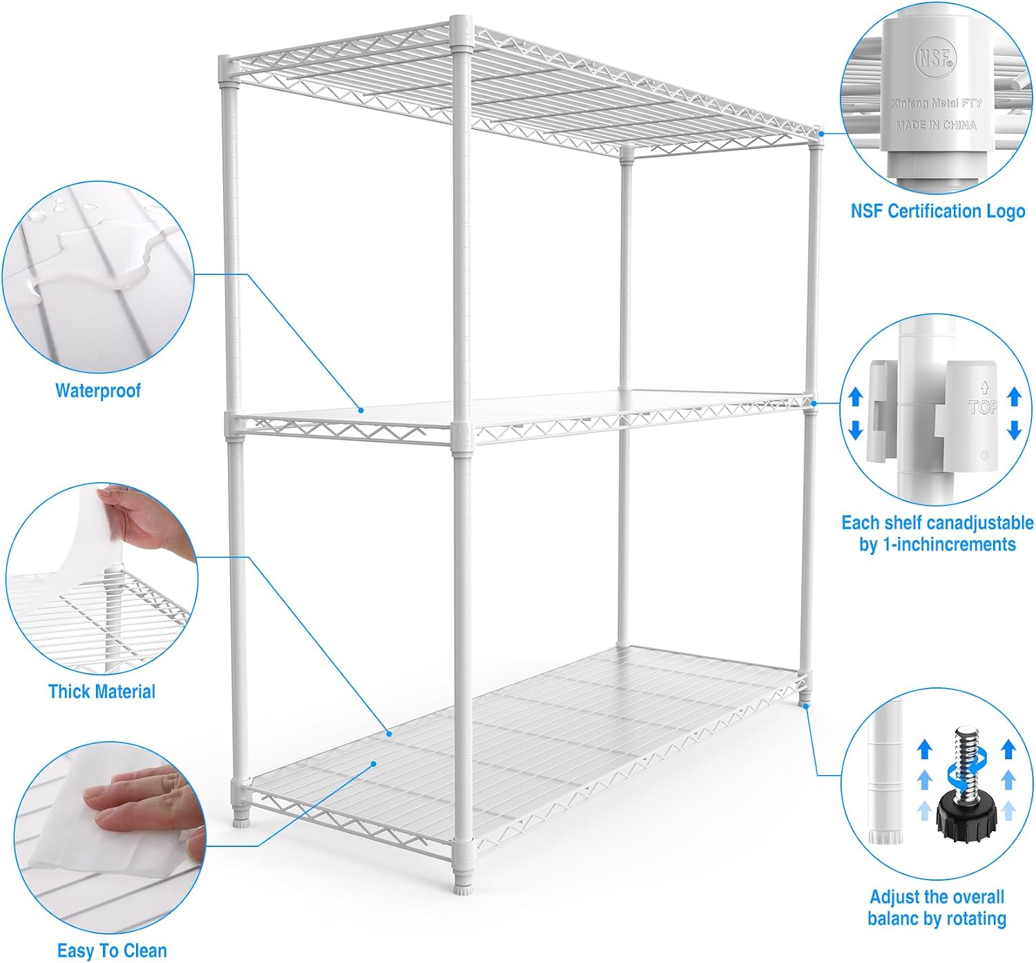3 Tier NSF Wire Shelf Shelving Unit, 18 x 48 x 48 Inch 1050lbs Capacity Heavy Duty Adjustable Storage Metal Rack with Leveling Feet & Shelf Liners, Ideal for Garage, Kitchen, Office and More - White