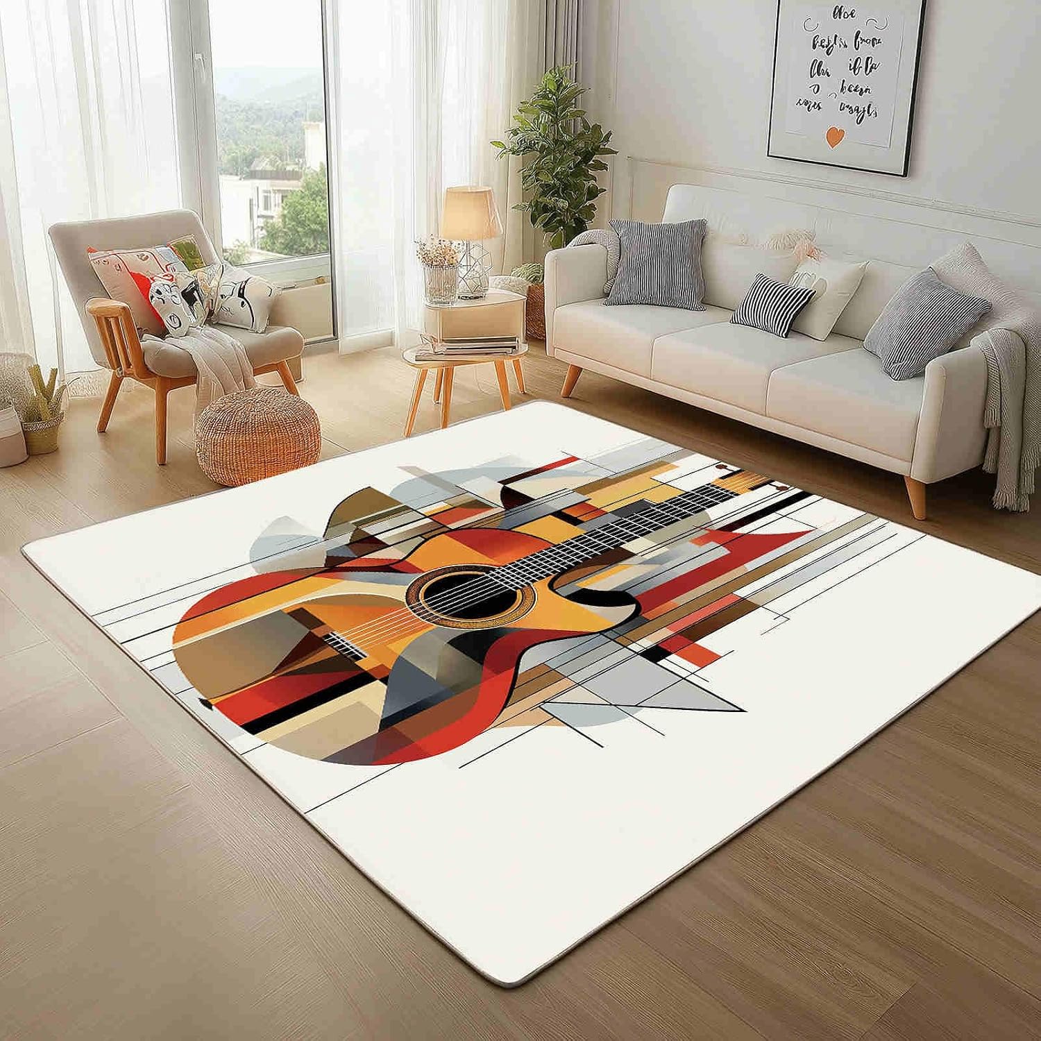Abstract Geometric Guitar Design Area Rug for Bedroom 5x8 Minimalist Line Motifs Large Area Rugs Living Room Amber Carpet for Study Bedroom Nursery, Washable Rugs Non Slip Soft Carpet