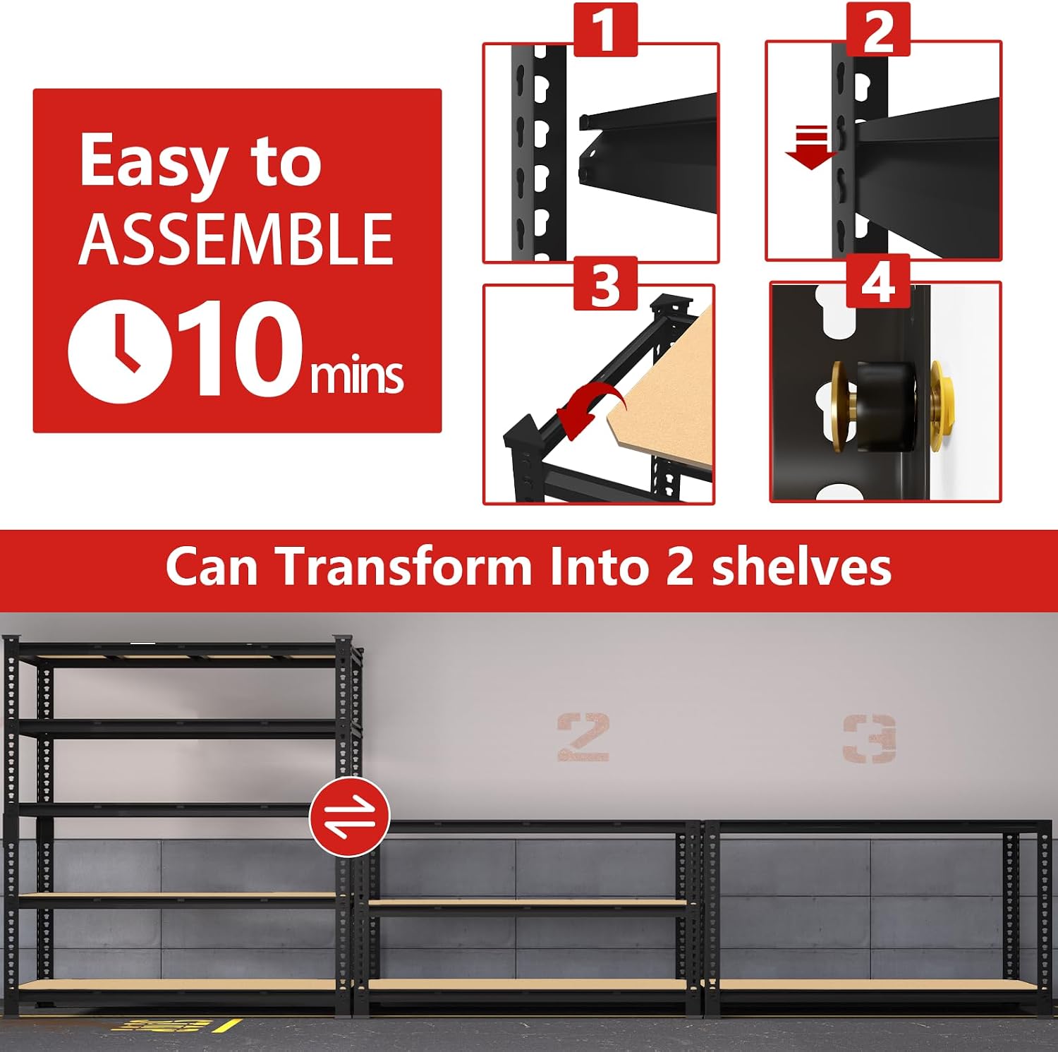 PrimeZone 60' W X 24' D X 72' H Heavy Duty Garage Storage Shelves - Adjustable Metal Shelving Unit, 5 Tier Industrial Shelves for Storage Standing Utility Rack for Warehouse, Pantry, Basement, Black