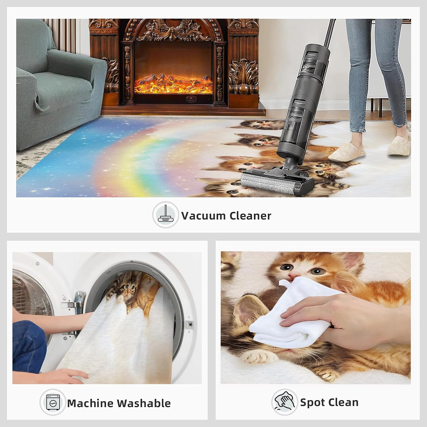 Cat Rugs for Bedroom - 6x8 Rug, Rainbow Area Rugs for Living Room, Fantasy Cloud Carpet, Animal Washable Mat, Cat Home Decor & Gifts