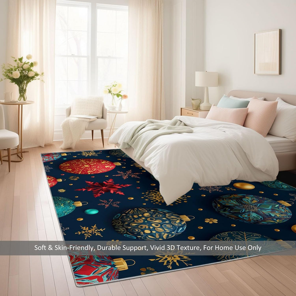 5' x 7' Rugs Living Room Christmas Area Rug Bedroom, Non Slip Durable Large Floor Carpet Geometric Turquoise Spheres Snowflakes Indoor Carpet Washable for Dining Room Kitchen Kids Playroom Dorm