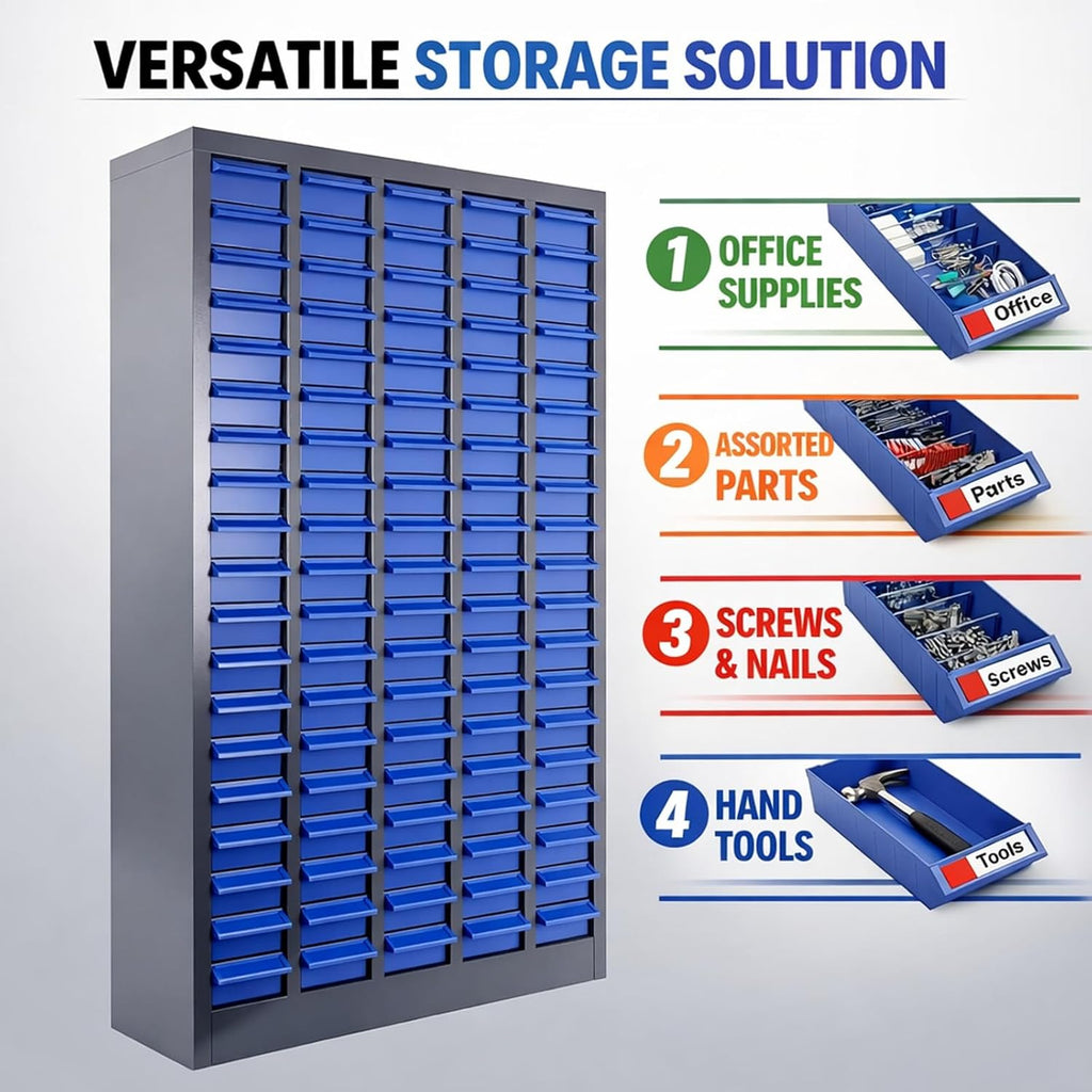 100 Drawers Parts Cabinet, Alloy Steel Tool Storage with Dividers, Nut and Bolt Organizer 25.8''L× 8.66''W×46''H, 44.5lbs Capacity for Tool Harware and Workshop, Blue