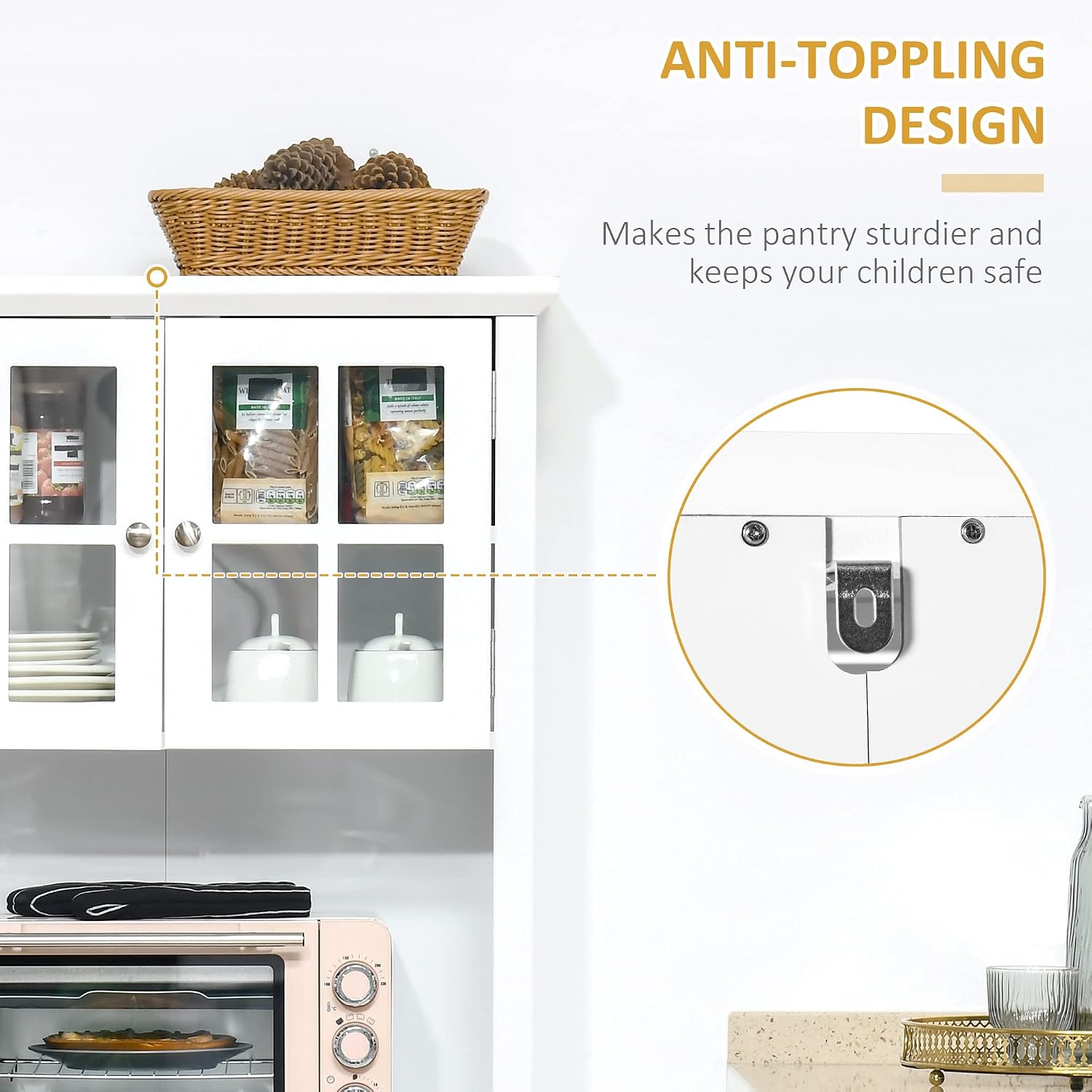 64' Anti-tip Freestanding Storage Cabinet, Kitchen Storage Bakers Rack with Adjustable Shelves, Utility Food Cupboard with Glass Door for Kitchen Dining Living Rooms, White