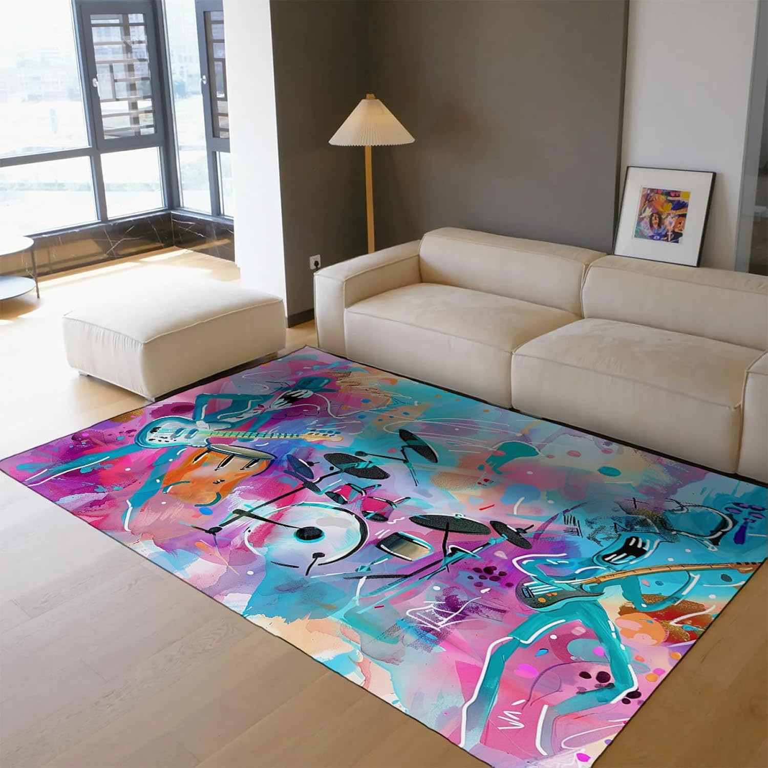 Colorful Graffiti Area Rug 5'3''x8' - Guitar and Drums Cartoon Painting Style Carpet Music Lover Indoor Mat for Bedroom Living Room