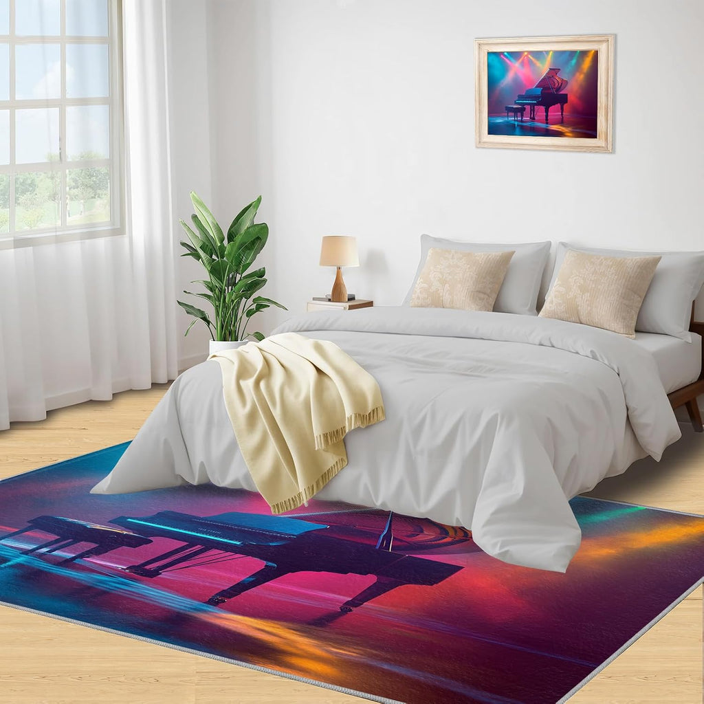 Guitar Rug & Home Decor - 5x7 Rug, Neon Rugs for Bedroom, Pop Art Washable Rugs for Living Room, Rock and Roll Carpet, Non Slip Indoor Guitar Floor Mats & Music Room Decor