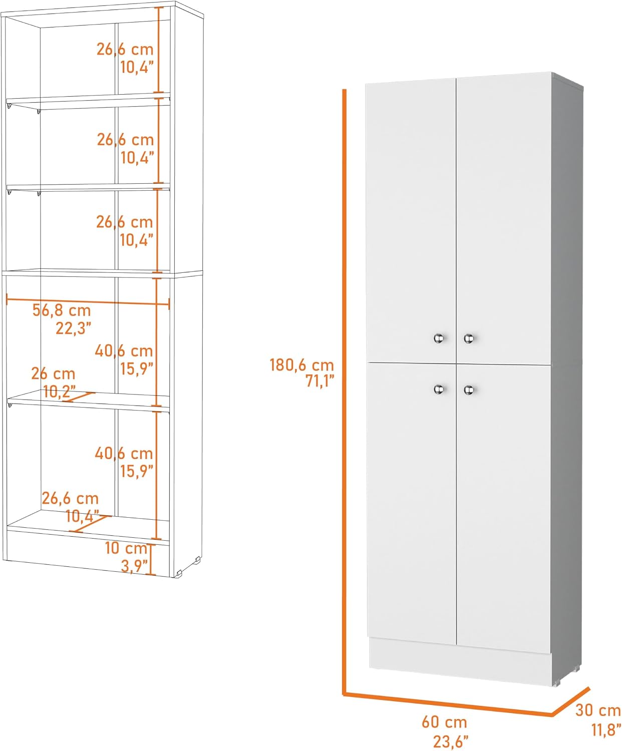 71' 4-Door Freestanding Storage Cabinet, Kitchen Storage Bakers Rack with Hidden Shelves, Utility Food Cupboard with Stylish Design for Home Kitchen, White