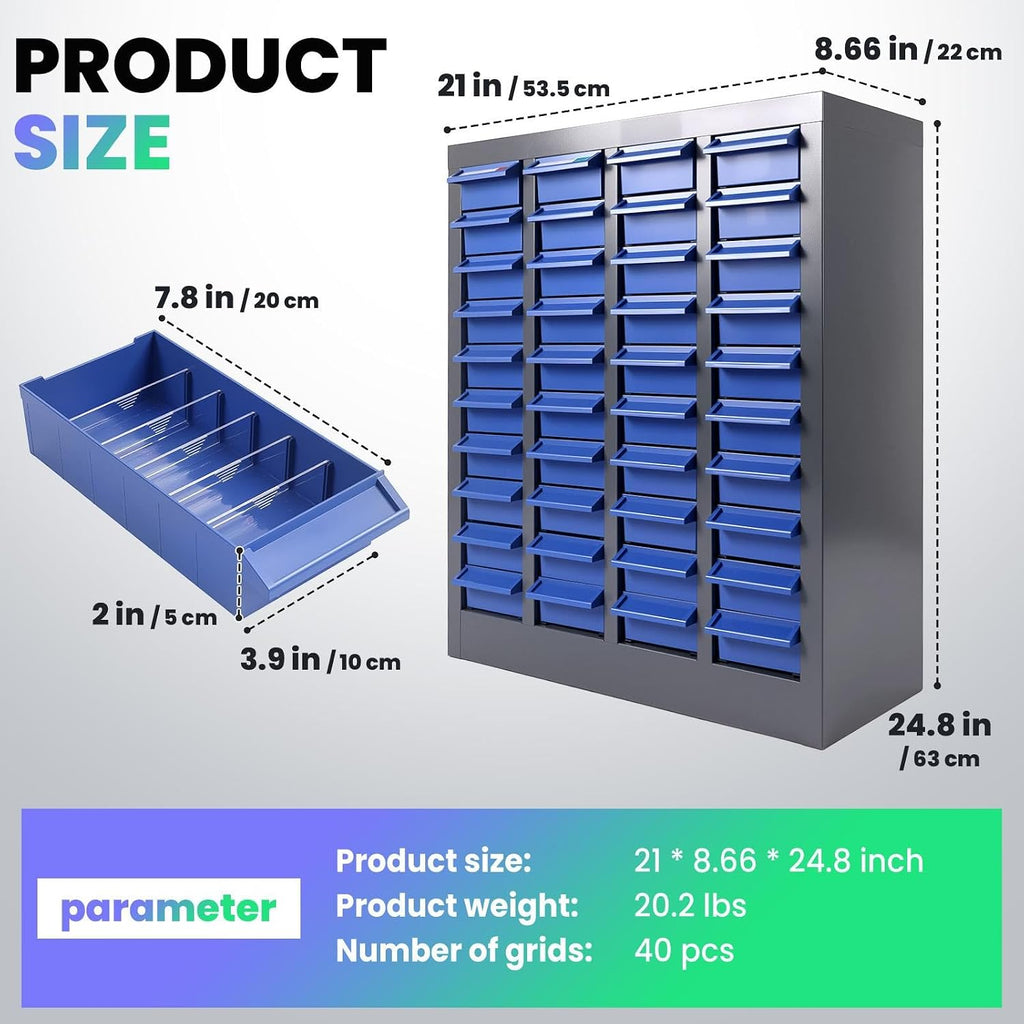 40 Drawers Bolt Organizer Cabinet with Removable 200 Dividers & 80 Labels, Alloy Steel Parts Cabinet with ABS Bolt Bins, Nut and Bolt Organizer System for Garage, Workshop, Office Use