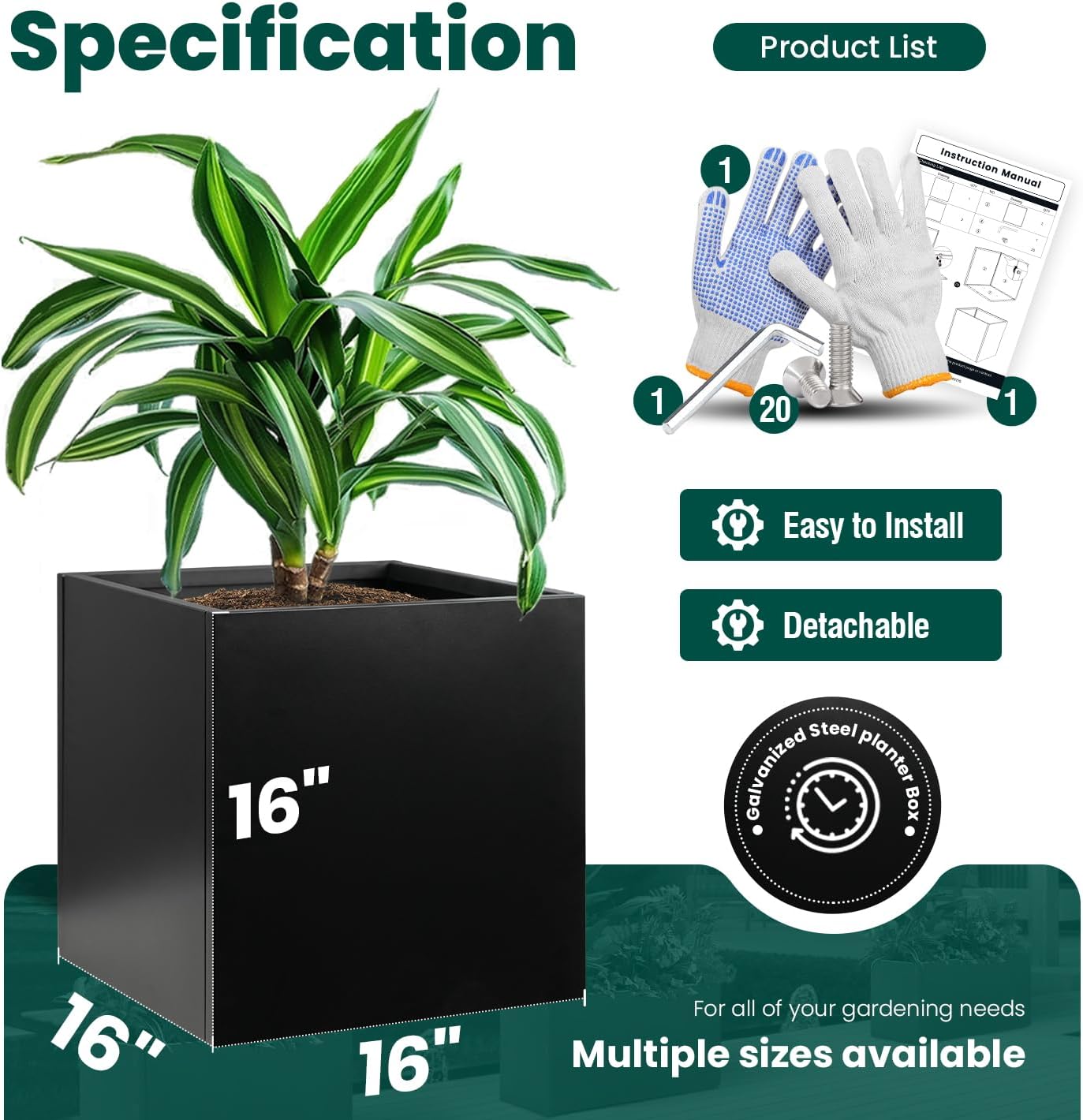 Galvanized Steel Planter Box Black Metal Planter 16Inch Square Indoor Outdoor Planters Cube Steel Heavy Duty Powder Coating Modern Commercial Residential for Patio, Yard, Garden