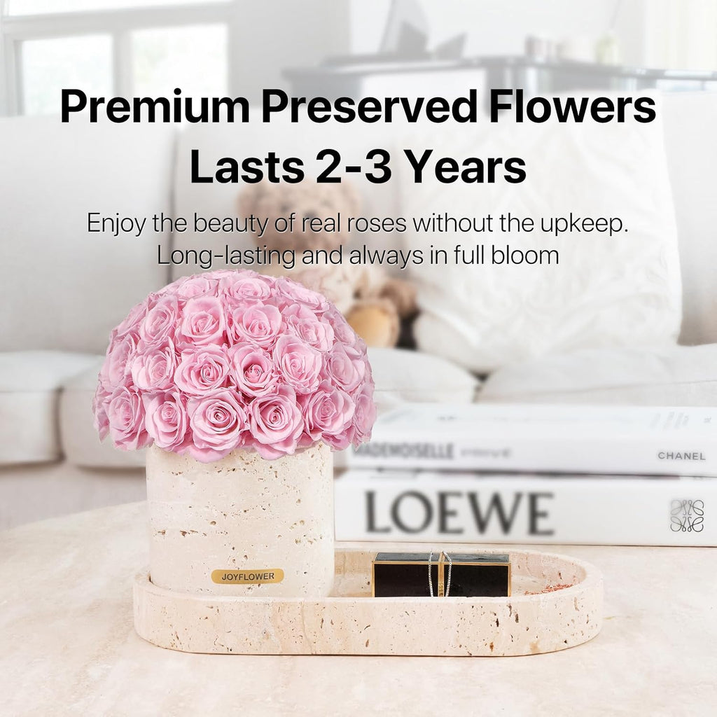 JoyFlower Preserved Flowers Vase, Yellow Travertine Flower Vases & Travertine Tray, Eternal Flower Decorations for Home Living Room Bedroom Coffee Table, Decorative Flower Vase House Decor(Light Pink)