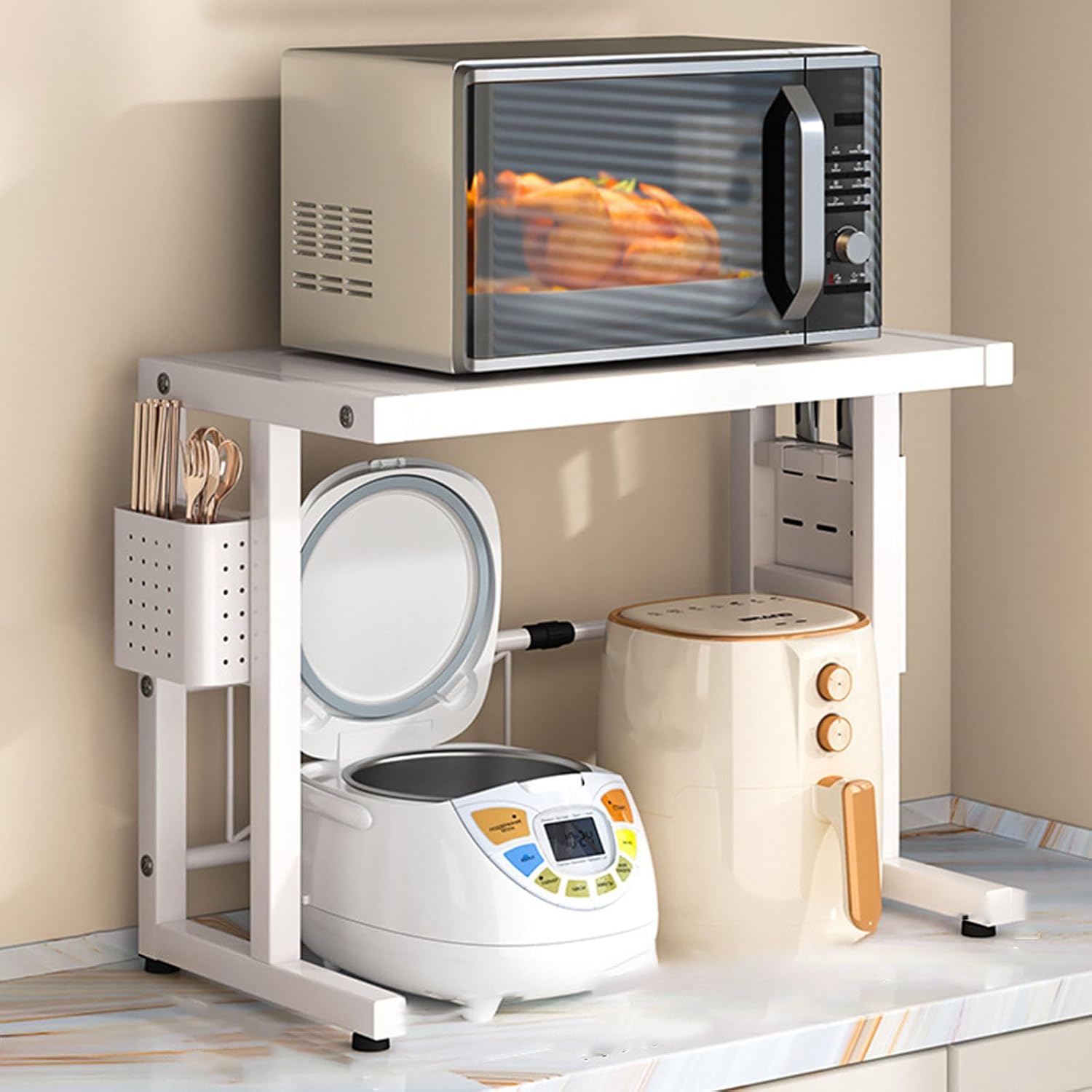 Adjustable 2-Tier Microwave Oven Shelf, Extendable Kitchen Baker Rack with Chopstick Holder, Space-Saving Countertop Storage, White Design for Home Organization