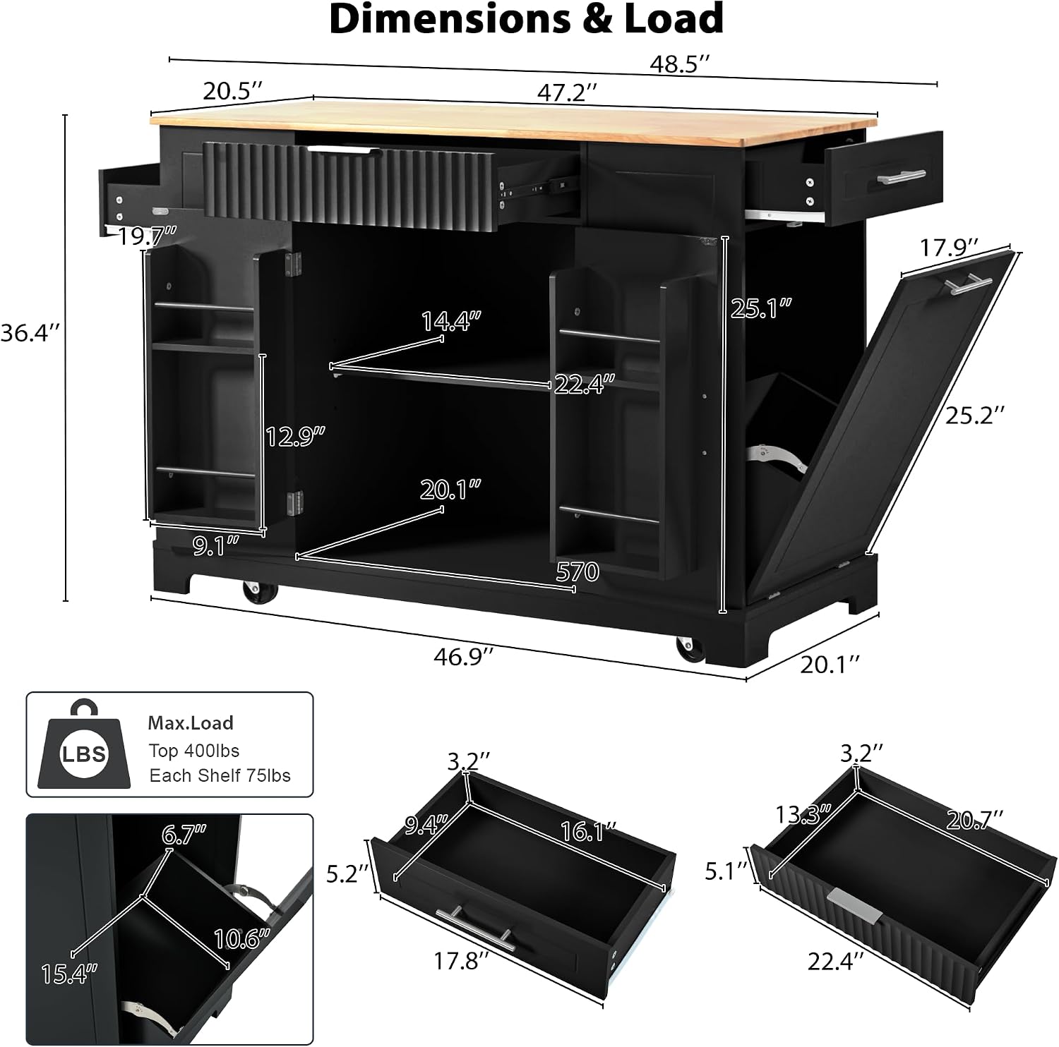 Modern Kitchen Storage Island with Trash Can Cabinet & Power Outlet, Rolling Kitchen Island Cart on Wheels with Open Side Shelves and Towel Rack, 53-Inch, Black