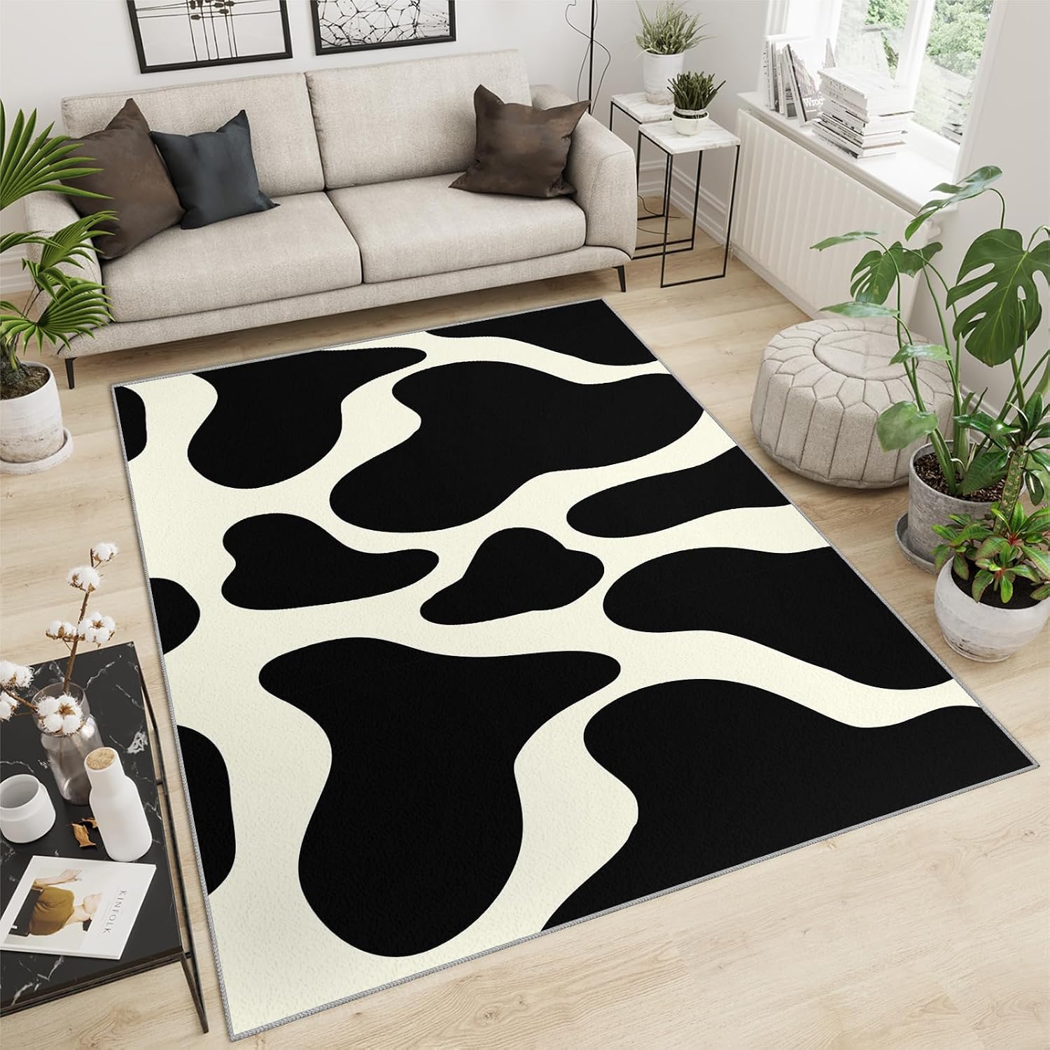 Abstract Black and White Area Rug, Modern Minimalist Design Rugs for Living Room, Indoor Non-Slip Kids Rugs, Machine Washable Breathable Durable Carpet for Front Entrance Floor Decor,6 x 8ft