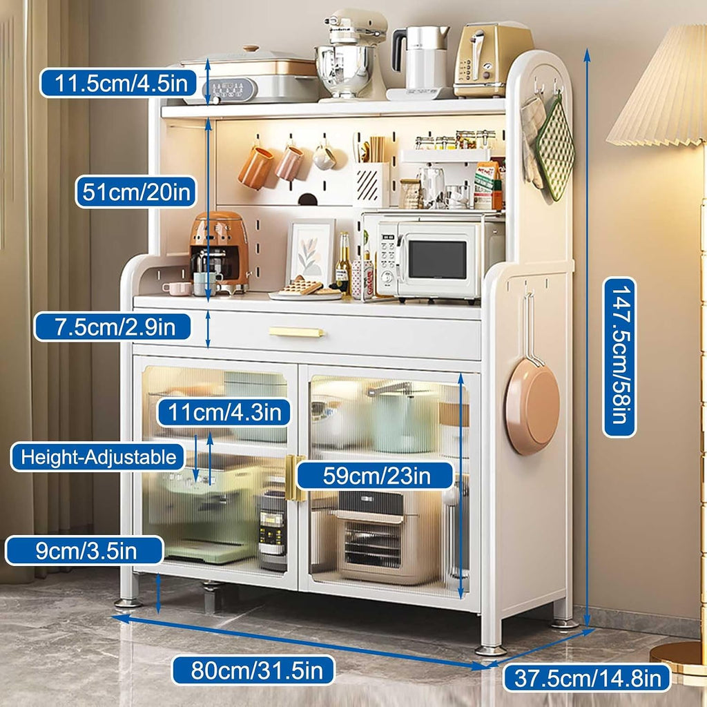 Adjustable 5 Tier Kitchen Bakers Rack with Drawer and Storage Cabinets Free Standing Microwave Stand Shelf Organizer in White 58x31.5in