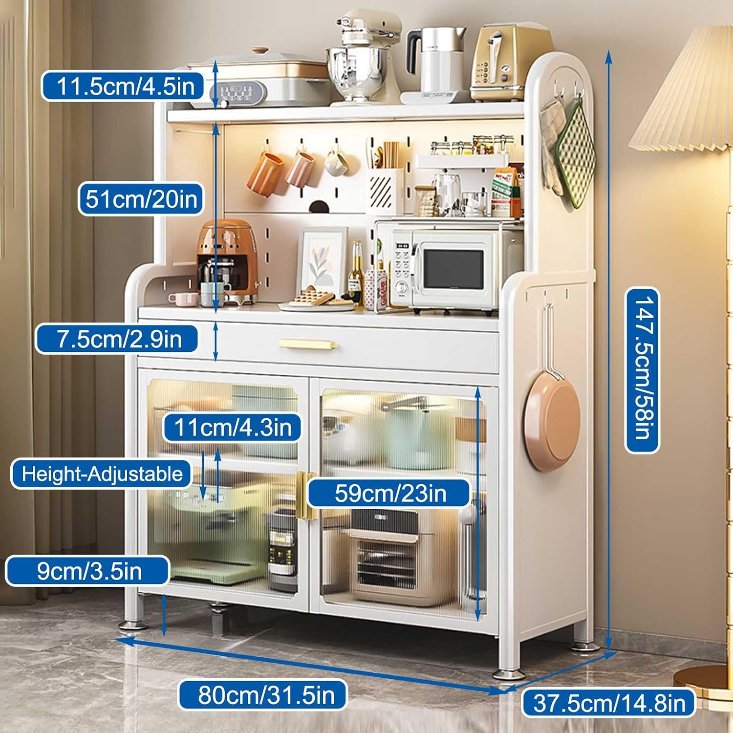 Adjustable 5 Tier Kitchen Bakers Rack with Drawer and Storage Cabinets Free Standing Microwave Stand Shelf Organizer in White 58x31.5in