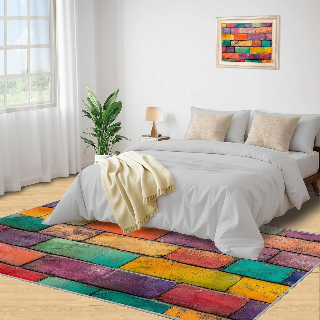 Colored Wall Tiles Area Rug, Retro Distressed Rugs for Living Room, Low Pile Soft High Traffic Rugs for Front Entrance Floor Decor Mat 6x8