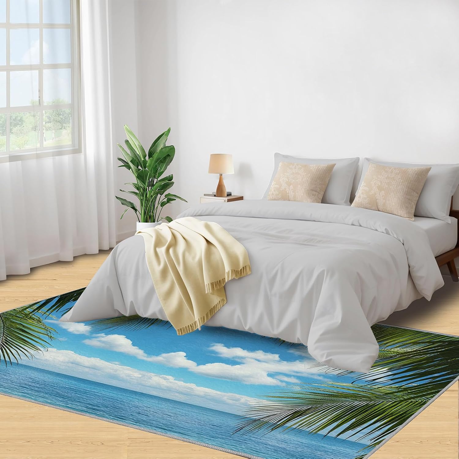 Tropical Palm Leaves Rug 6x8-6x8 Rug, Summer Beach Area Rugs for Living Room Bedroom, Coastal Area Rugs, Blue Ocean Washable Carpet, Landscape Carpet, Beach Home Decor