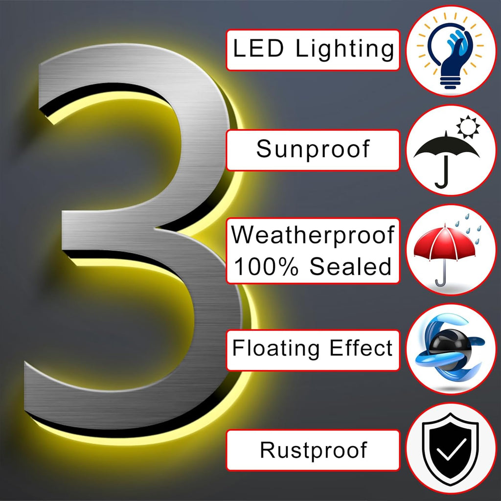 Illuminated Address Number For Outside, Backlit LED Address Numbers For House, Stainless Steel Lighted Up House Numbers, Waterproof, Weather Resistant,14 Inch/350mm,0